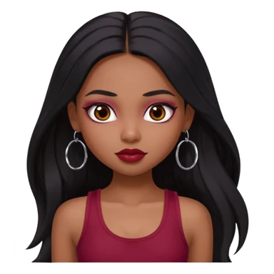a pretty bratz girl with long black hair, kajal under eyes, small silver hoop. Dark cherry red tank top on.  sticker