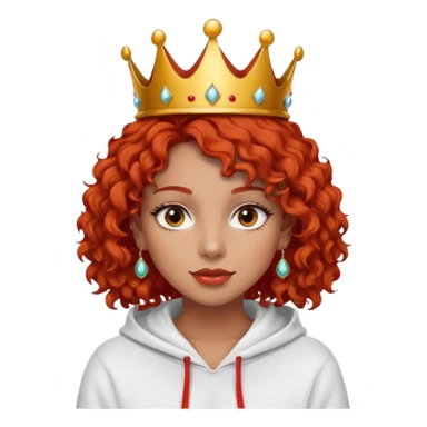 
Slim girl with a fine face, dark and tanned skin, medium-length curly tomato-red hair, dark eyes, medium-thick eyelashes, and a crown and earrings, wearing a white hooded sweatshirt. sticker