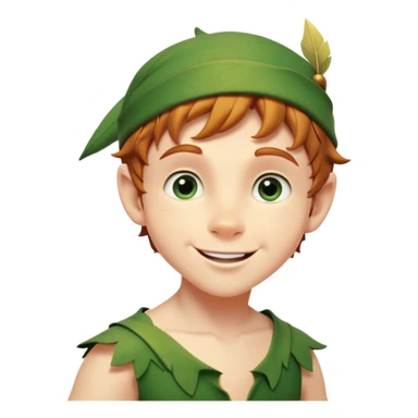 Cinematic Realistic Peter Pan Portrait, head tilted playfully and inquisitively, capturing his mischievous smile and twinkling eyes. The intricacies of his whimsical attire and the soft interplay of natural light bring to life his adventurous energy and childlike charm with a hint of daring strength. sticker