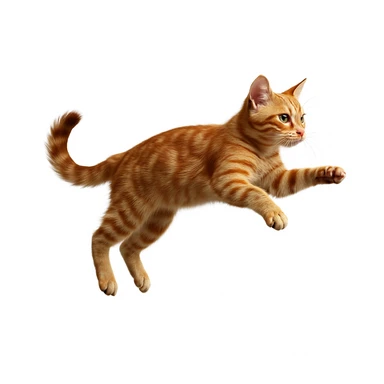 Transform the jumping European shorthair cat into a realistic tabby cat with detailed realistic fur, maintaining the energetic pose and a white background. sticker