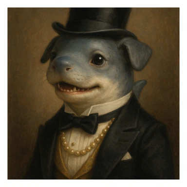 a shark puppy dressed for a high society party sticker