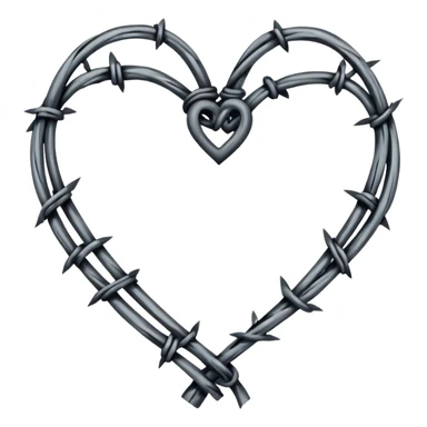 Minimal black line art heart made from barbed wire, hand-drawn sketch look, uneven ink strokes, 6–7 barbs with twisted knots, simple clean outline, centered on plain white background, high contrast sticker