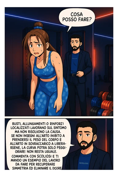 ispirati a questo stile di disegno e fai questa immagine in versione manga/webtoon a colori, il manga mostra la donna preoccupata che chiede: "COSA POSSO FARE?" E L'UOMO CHE RISPONDE: Busti, allungamenti o rinforzi localizzati lavorano sul sintomo ma non risolvono la causa. Se non insegni all’arto inibito a prendersi il peso del corpo e all’arto in sovraccarico a liberarsene, la curva potrà solo peggiorare; non resta uguale. Commenta con scoliosi e ti mando un esempio del lavoro da fare per recuperare simmetria ed eliminare il dolore. sticker