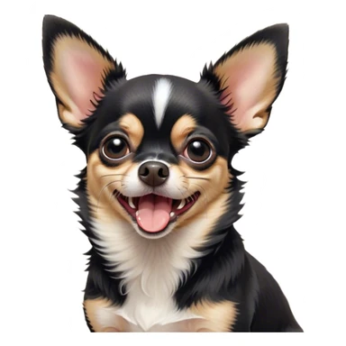 Cinematic Cute Yawning Black Tri Short Haired Chihuahua Portrait Emoji, Head tilted slightly with a dramatic, wide-open yawn, soft black tri-color fur with defined patches of white and tan, floppy ears slightly drooping, round dark eyes barely open in drowsy contentment, Simplified yet irresistibly adorable features, highly detailed, glowing with a soft, cozy glow, high shine, relaxed yet expressive, stylized with a touch of whimsy, bright and endearing, soft glowing outline, capturing the essence of a sleepy yet affectionate pup, so drowsy it feels like it could stretch right out of the screen and curl up for a nap! sticker