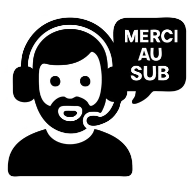 A person with black hair, brown eyes, and a black beard wearing a gaming headset saying "merci au SUB" sticker