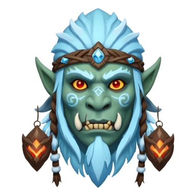 Fantasy Christmas orc shaman icon, ice spirit magic theme, glowing runes, winter tribal mask elements, mystical cold atmosphere, emoji sized portrait, male/female variant sticker