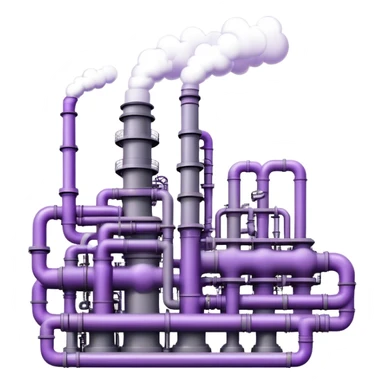 An emoji of an industrial factory in realistic gray tones, with pipes and smokestacks. Instead of smoke, soft neon violet bubbles flow out, symbolizing AI power and efficiency sticker