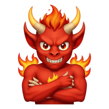 a Red devil, short horn Devil with flaming eyes, crossing arms sticker