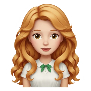 white woman  with strawberry blonde super long wavy hair, white skirt, blushed cheeks sticker