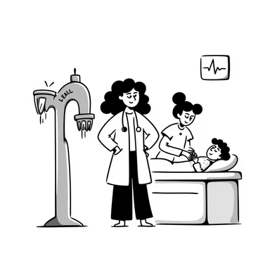 A doctor in a hospital surrounded by an x-ray machine and heart rate monitor a nurse treating patients sticker