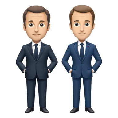 figures of Nicolas Sarkozy and Emmanuel Macron standing side by side, both with oversized heads and small bodies, wearing suits, highly recognizable faces, simplified details sticker