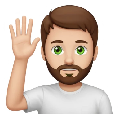boy with brown hair, green eyes, trimmed beard, white t-shirt, waving sticker