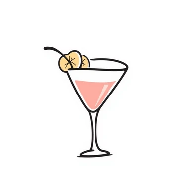 A fancy cocktail glass with decorative garnish in pastel colors (dd9fb0, ffc6d3, a3bfc9, c4bee2, f1b091), hand-drawn doodle style sticker