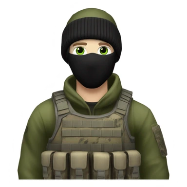 white male, pale skin, call of duty black mask, green camo tactical gear, combat boots, black beanie, hazel eyes sticker