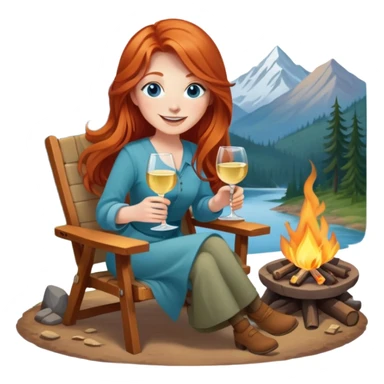 Happy redhead with long hair and blue eyes holding white wine sitting in chair campfire sticker