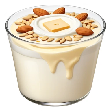 A glowing white leg bone in the center, surrounded by floating calcium-rich foods: yogurt, shredded cheese, almonds, and sesame seeds. All items are floating and slightly shining, arranged in a circle around the bone. sticker