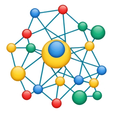 Several different symbols (graph, drawing, abstract form) connected by thin lines into a single structure that emphasizes interaction. sticker