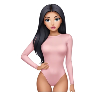 Glamours, tanned, very beautiful girl, with big pump peach-beige-rose lips, long long lashes, black straight smooth silky long hair, straight parting hair, blue-grey eyes in light pink long-sleeves bodysuit sticker