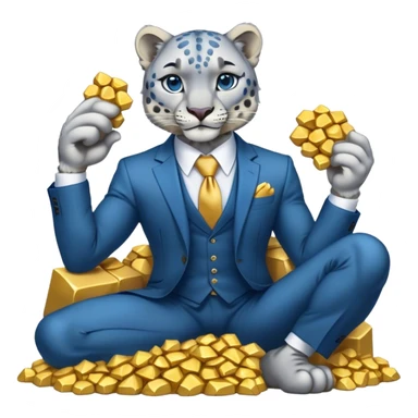 muscular snow leopard in suit with blue tie sitting on pile of gold nuggets sticker