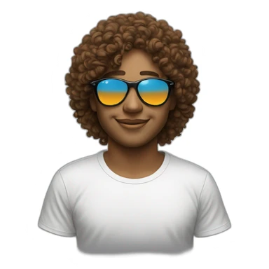 skyline by the ocean with curly brown hair, peuple sunglassees and black tee short with an orange flower on the back of the tee shirt sticker