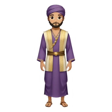 
-Apariencia: Joven de unos 25-30 años, atractivo,.
-Rostro: Ojos oscuros, piel ligeramente morena, rasgos árabes finos.
-Cabello: Negro, algo rizado o suelto, con barba fina.
-cuerpo entero  puede llevar una túnica más oriental, con faja y turbante sencillo con sandalias sticker