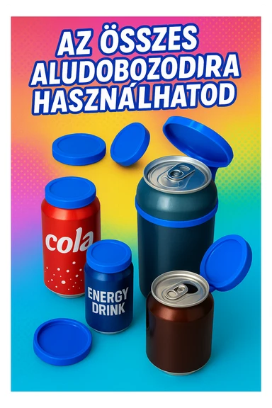 Készíts a következő jellemzőkre a mellékelt fotó felhasználásával a szöveghez illő képet, 1000x600px-es méretűt, fiatalos, dinamikus, megnyerő,változatos, színes, valósághű fotók legyenek!
„Az összes aludobozodra használhatod”
Két fajta méretben gyártott kupakot minden forgalomban lévő italos aludobozodon használhatod, legyen az kicsi energiaital vagy nagyobb üdítős/sörös doboz. sticker