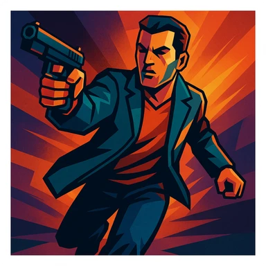 Stylized GTA character, gun in hand, dramatic lighting, action pose sticker