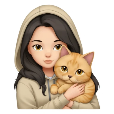  girl black balayage long hair beige hoodie cuddling a british shorthair golden cat sticker