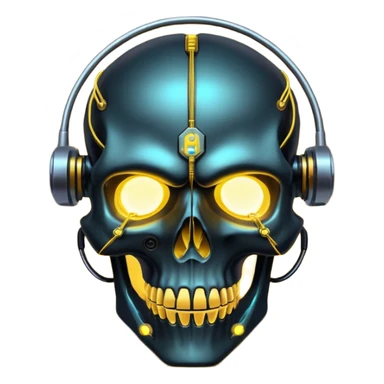 Cyberpunk shield, skull with cybernetic implants, glowing wires, dark electric gold and black tones, no background sticker