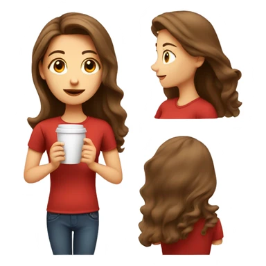 barista girl in a red t-shirt with long brown hair, with a cup of coffee in a hand sticker