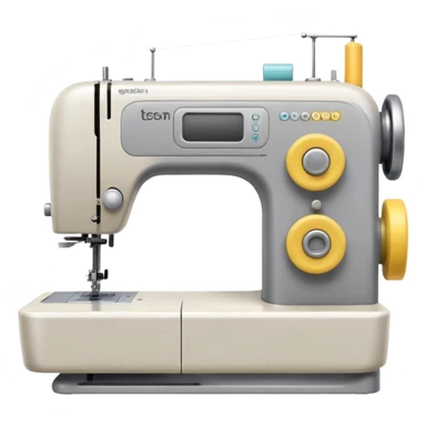 Emoji of a modern sewing machine inspired by a Brother machine. Soft, rounded shapes in the style of Apple emojis, with subtle gradients and soft shadows. White body with light gray details, a yellow spool on top sticker