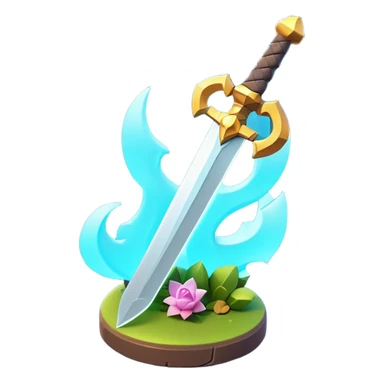 Clash of Clans aesthetic: Cinematic Playful 3D Isometric Sword Emoji, rendered in a 3D vector-style similar to standard emojis with minimal shading and bold, simplified shapes. A compact, distinct form with signature details, softly glowing with a fantasy RPG magic charm. Simplified yet unmistakably iconic, highly detailed and consistent, glowing with a soft radiance and high shine. Stylized with a touch of heroic grandeur and a soft glowing outline, capturing the essence of a beloved gaming relic with a friendly, playful manner! sticker