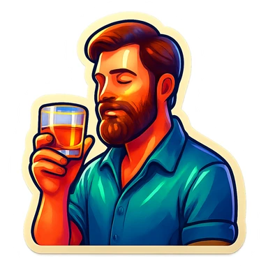 A man with a beard holding a glass of whiskey sticker