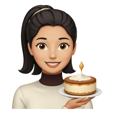  tan skin woman with long face, and short black hair slicked back ponytail with forehead showing, wearing white turtleneck shirt, eating tiramisu smiling with middle parted hair sticker