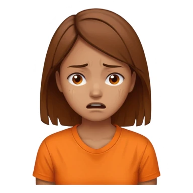 25 year old woman in orange shirt, she looks like she is in pain. She has brown hair sticker