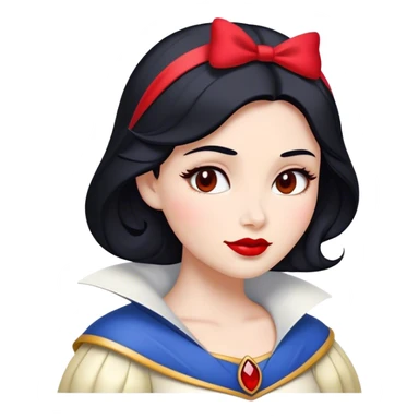Cinematic Majestic Snow White Portrait Emoji, rendered in a clean, vector-style with bold, simplified shapes. Show Snow White with a serene, noble expression, radiant porcelain skin, and elegantly styled raven hair accented with subtle red highlights, her attire simple yet refined. The design radiates a majestic, pure glow with high shine and a soft glowing outline, embodying classic royal beauty. sticker