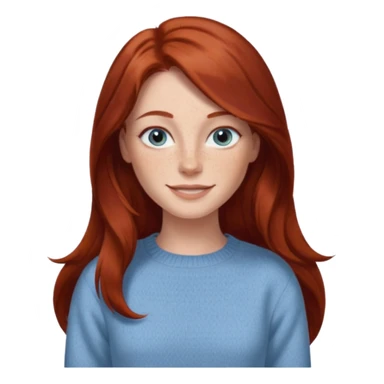 woman with long dark auburn red hair that is mostly straight but has slight waves to it. grey blue eyes. some freckles. wearing a Swedish style sweater that is neutral. smiling.  sticker