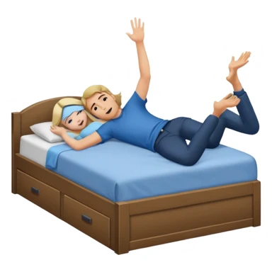A bed with a girl laying down south and a man putting his hand up. sticker