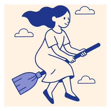 a simple girl flying on a broom, white dress, cartoon style sticker