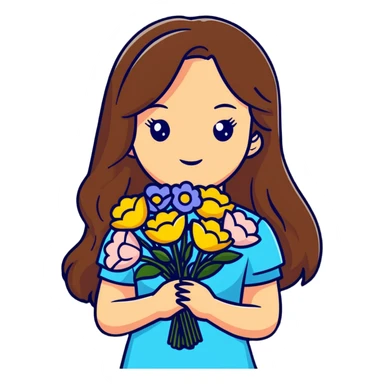cool girl with long brown hair and fair skin holding a bouquet of flowers, stylish sticker