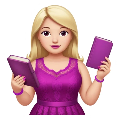 A plus-size white woman with long, straight blonde hair is wearing a magenta lace sleeveless dress. She is standing with magenta nail polish and holding a book and a crayon.. sticker