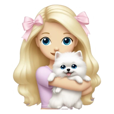 Blond girl white skin blue eyes hugging white Pomeranian with light pink bow sticker