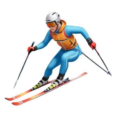 An icon featuring a skier racing down a snow-covered slope, surrounded by snowy peaks and pine trees. The design includes ski poles, bright winter gear, and dynamic motion lines, capturing the thrill and speed of alpine skiing. Transparent background sticker