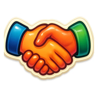 A friendly handshake in retro stickers style, with two friends shaking hands and bright colors sticker