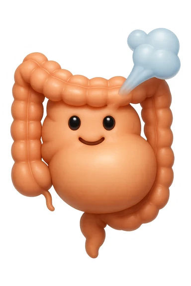 emoji stile iphone di un intestino che ingoia una nuvoletta di aria ben visibile e gli si gonfia la pancia, non fargli il naso, iperrealistico 4k sticker