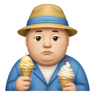 Fat man wearing a hat with sad face holding ice cream sticker