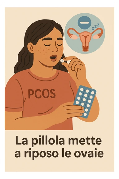 Donna con pcos che prende la pillola, e la pillola mette a riposo le ovaie in italiano sticker