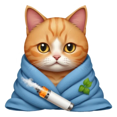 A cute sad British cat is wrapped in a blanket and will buy an electronic cigarette sticker