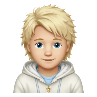 Create a look for a blond boy with long, tousled hair, light eyes, a white sweater, a wealthy appearance, blue eyes, and accessories like a Rolex or Cartier watch, and a cute face with messy hair down. blue eyes + + pajama white fluffy + hood fluffy sticker