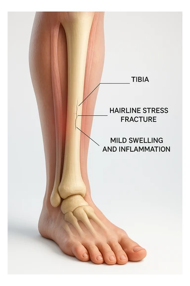 3D realistic medical illustration: a close-up of a human lower leg (tibia), showing the bone with a visible hairline stress fracture. The surrounding soft tissue is semi-transparent, highlighting mild swelling and inflammation. Educational labels point to the fracture site. The background is clean and clinical, with a subtle gradient. sticker